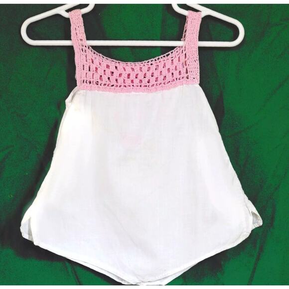 Newborn Baby Romper Homemade White Feed Sack with Pink Crochet Antique Garment - Picture 3 of 3